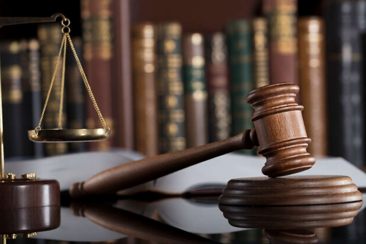 Un mazo y una balanza de la justicia delante de libros de derecho