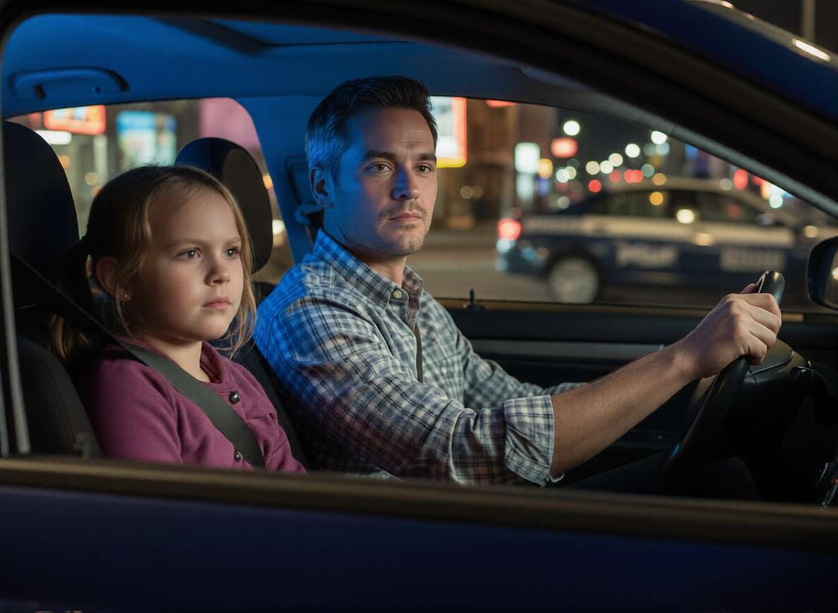 Un hombre conduciendo de noche con una niña en el asiento del copiloto