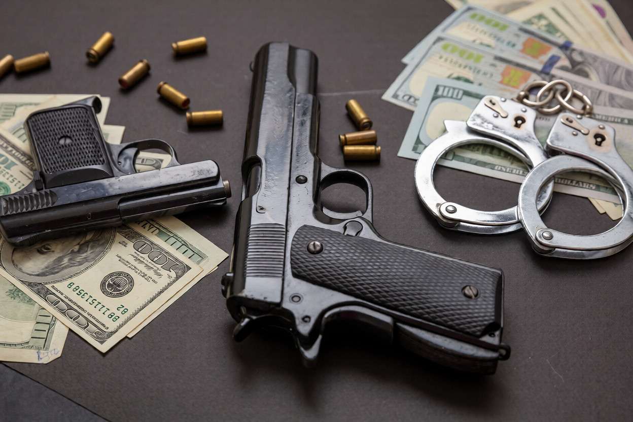 Dos pistolas, balas, dinero y unas esposas sobre una mesa