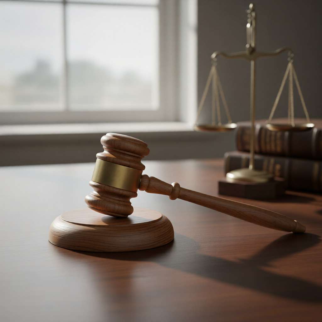 Un mazo de juez y una balanza de la justicia en un escritorio junto a una ventana