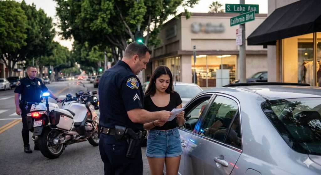 Un agente de policía interrogando a una joven junto a su coche