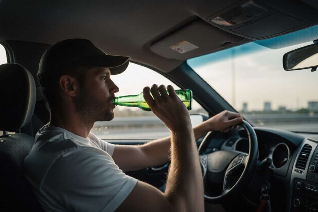 Un hombre bebiendo de una botella de cerveza mientras conduce