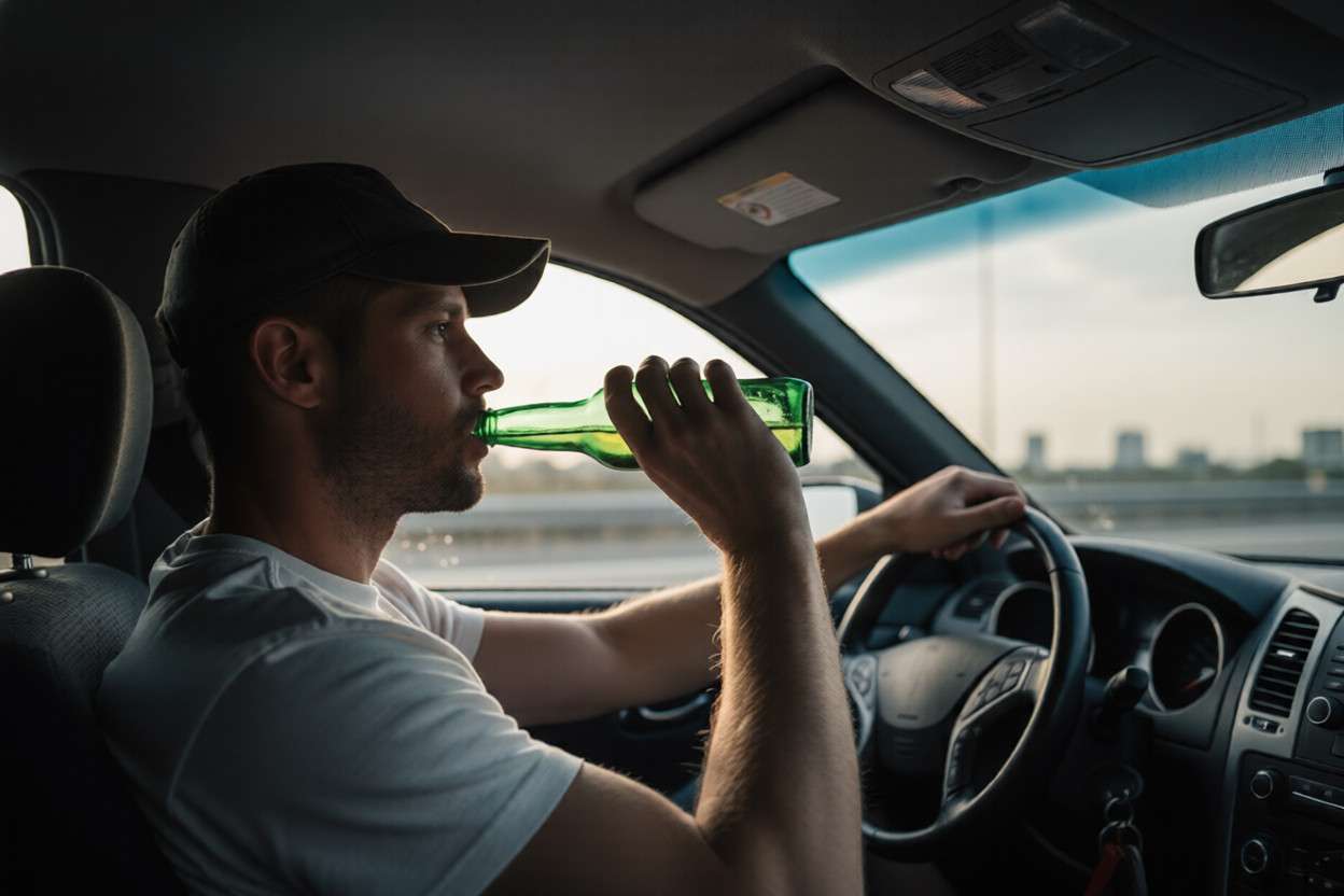 Un hombre bebiendo de una botella de cerveza mientras conduce