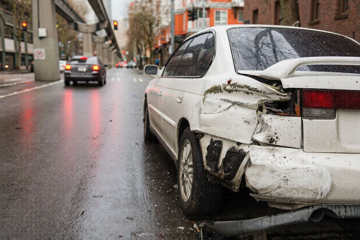 Un coche blanco dañado detenido en una calle mojada de la ciudad