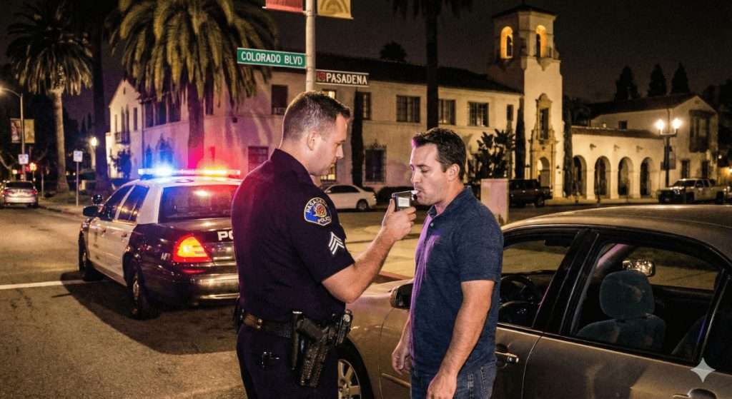 Un agente haciendo una prueba de alcoholemia a un hombre en una calle de noche