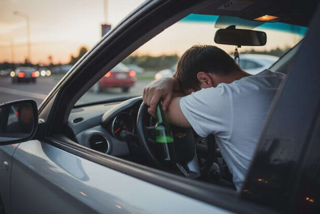 Un hombre desplomado sobre el volante con una botella de cerveza en la mano