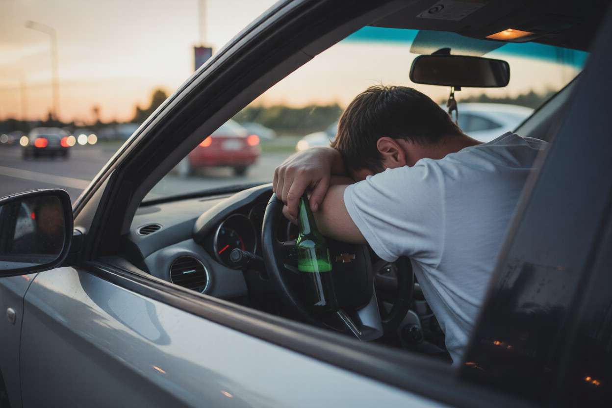 Un hombre desplomado sobre el volante con una botella de cerveza en la mano
