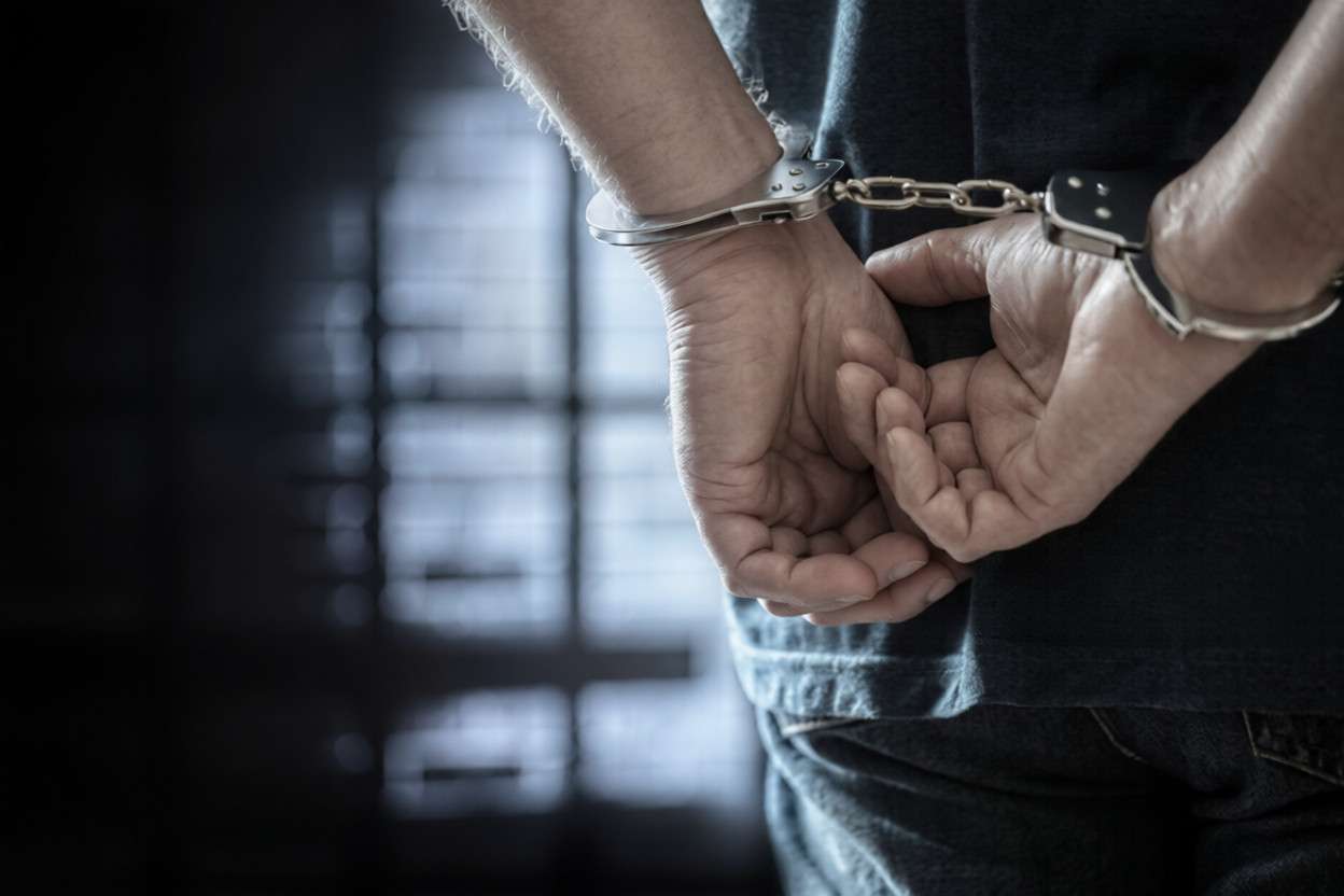 Las manos de un hombre esposadas a la espalda