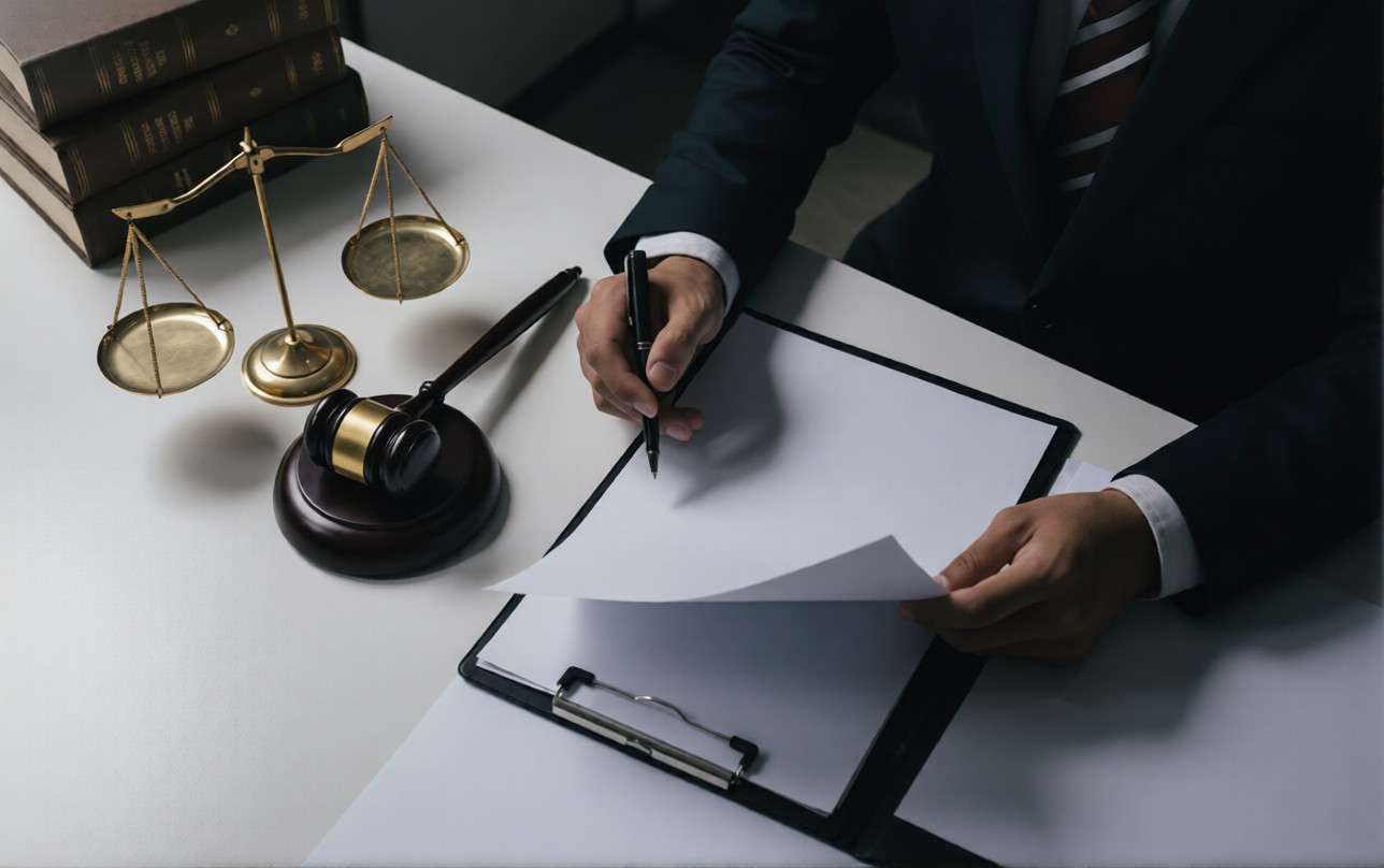 Un abogado firmando un documento junto a un mazo y una balanza de la justicia